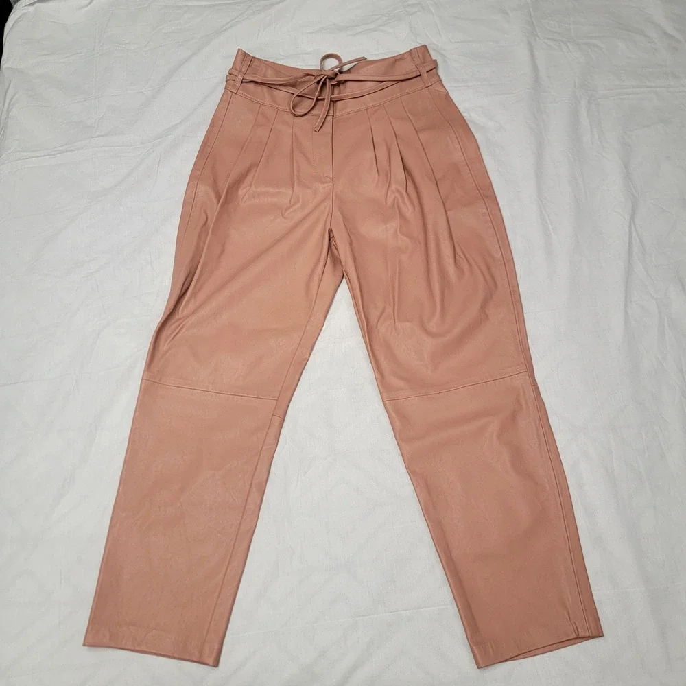 Blank NYC Anthropologie Vegan Leather Tie Waist Pleated Pants Pink Clay Size 28